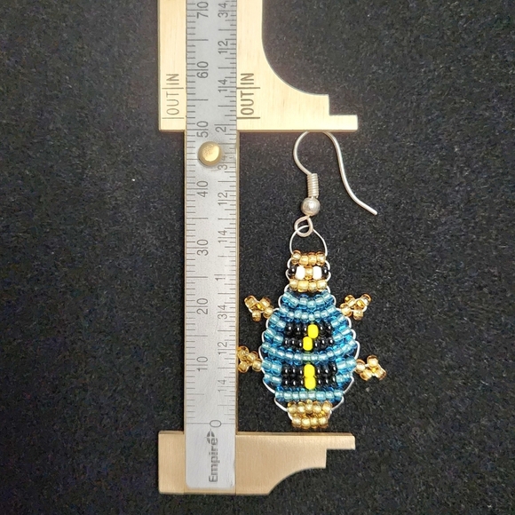 Handcrafted Beaded Blue and Gold Bug Earrings - Picture 3 of 5